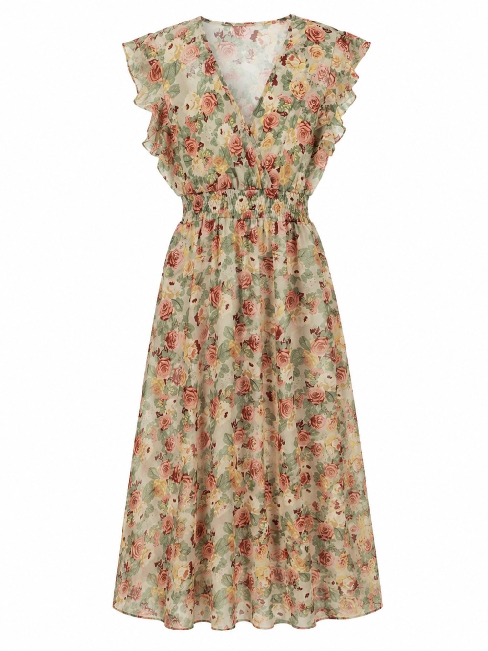 SHEIN Green Maxi Dress with pink rose  Print